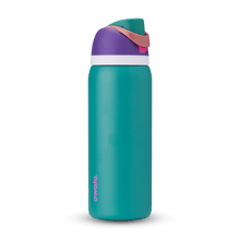 Full profile shot of the 32oz '80s Ski Slope' FreeSip water bottle in blue and purple.
