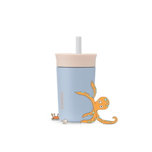 Full profile shot of the 12oz Kids' Tumbler 'Seas the Day,' featuring an octopus and crab hugging the tumbler.