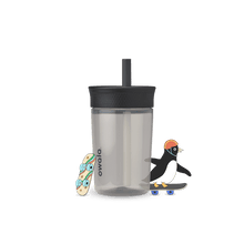 Full profile shot of the 15oz Plastic Tumbler 'Skate Park,' featuring a cartoon penguin on a skateboard beside it.