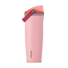 Tall, slim, light pink water bottle with a coral pink flip-top lid and maroon handle, accented by a lavender band near the top.