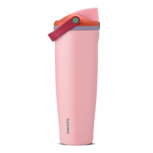 Tall, slim, light pink water bottle with a coral pink flip-top lid and maroon handle, accented by a lavender band near the top.