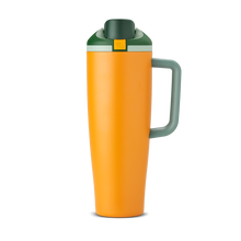 FreeSip Tumbler 40oz Orange Grove, bright orange body with dark forest green lid and yellow accent, dark green handle