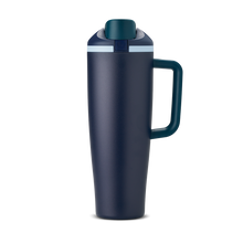 FreeSip Tumbler 40oz Sea Captain, dark navy body with teal lid, silver accent ring, and teal handle