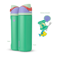 Front and back view of the Ariel 24oz Owala FreeSip bottle with Ariel-themed stickers, showcasing all included items.