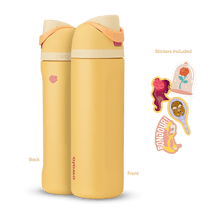Front and back view of the Belle 24oz Owala FreeSip bottle with Belle-themed stickers, showcasing all included items.