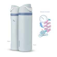 Front and back view of the Cinderella 24oz Owala FreeSip bottle with Cinderella-themed stickers, showcasing all included items.