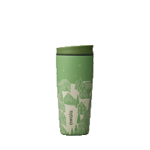 SmoothSip Slider 20oz in Gingerbread, light yellow-green body with dark green accent band, white print of gingerbread houses and trees on a snowy landscape under a starry sky