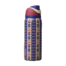 FreeSip 32oz Holiday Hygge; rotating view of cream and navy blue striped body with vertical floral motifs of red tulips and navy bows in a folk-art pattern, dusty rose flip cap, cream carry loop, and navy blue lid