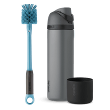 Starter Pack Bundle; gray FreeSip water bottle with gray flip cap, blue bottle brush with loop ring, and black silicone Bottle Boot