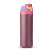 FreeSip 24oz in Lilac Dream, deep plum body with mauve flip cap, lavender lid, hot pink accent band, and orange carry loop
