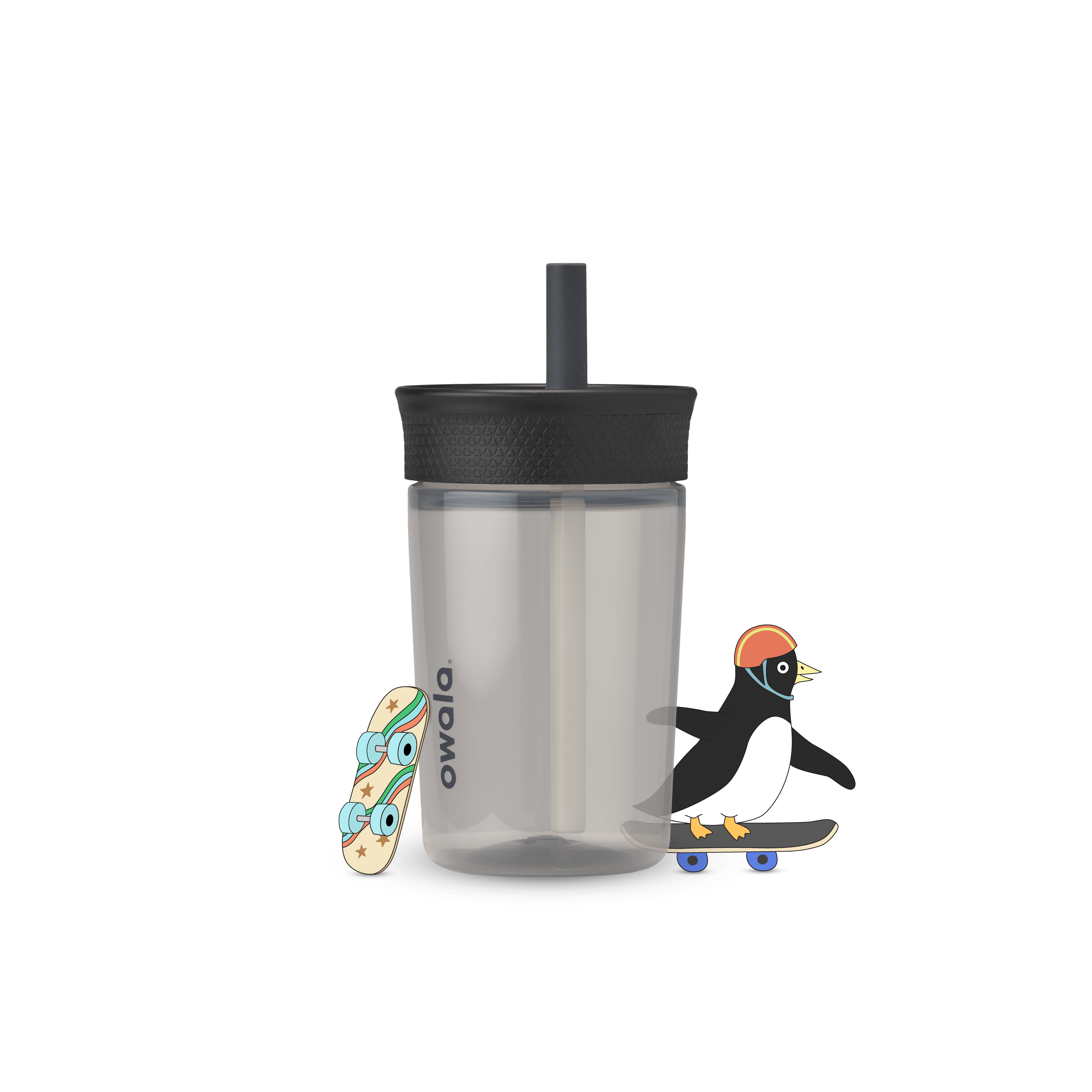 Full profile shot of the 15oz Plastic Tumbler 'Skate Park,' featuring a cartoon penguin on a skateboard beside it.