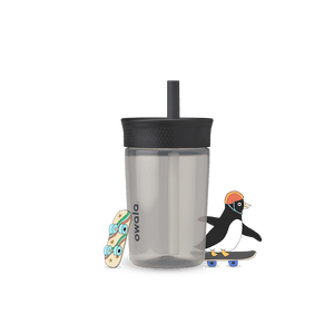 Full profile shot of the 15oz Plastic Tumbler 'Skate Park,' featuring a cartoon penguin on a skateboard beside it.