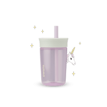 Full profile shot of the 15oz Plastic Tumbler &#39;Unicorn,&#39; with a unicorn peeking its head from behind.
