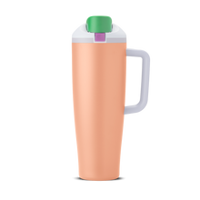 Tall, peach-colored tumbler with a white lid, green flip-up spout covering, purple rectangular button on top, and a side handle.
