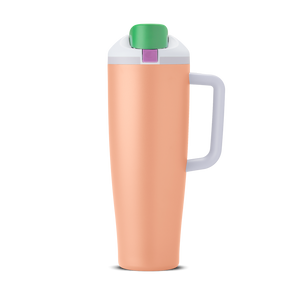 Tall, peach-colored tumbler with a white lid, green flip-up spout covering, purple rectangular button on top, and a side handle.