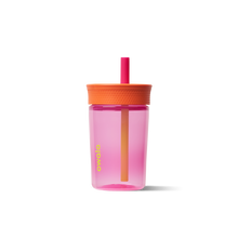 Kids Tumbler 15oz in A-Parrot-Ly Pink, hot pink-magenta transparent body with orange lid and bright pink straw
