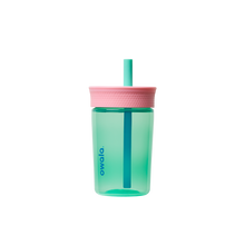 Kids Tumbler 15oz in Reel Cool Fish, mint teal transparent body with pink lid and mint straw

