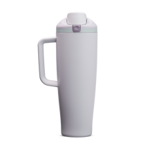 FreeSip Tumbler 40oz Open Air, pale lavender/light purple body with matching lavender flip cap, light blue accent band, and lavender handle
