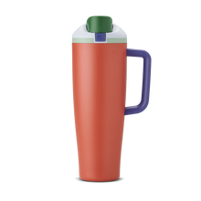 FreeSip Tumbler 40oz Summer Harvest, burnt orange/terracotta body with white flip cap, green accent, and purple handle
