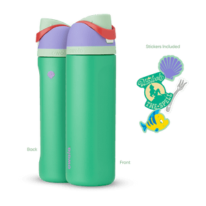 Front and back view of the Ariel 24oz Owala FreeSip bottle with Ariel-themed stickers, showcasing all included items.