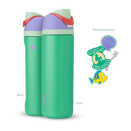 Front and back view of the Ariel 24oz Owala FreeSip bottle with Ariel-themed stickers, showcasing all included items.