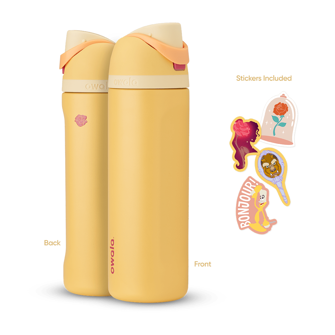 Front and back view of the Belle 24oz Owala FreeSip bottle with Belle-themed stickers, showcasing all included items.