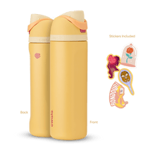 Front and back view of the Belle 24oz Owala FreeSip bottle with Belle-themed stickers, showcasing all included items.
