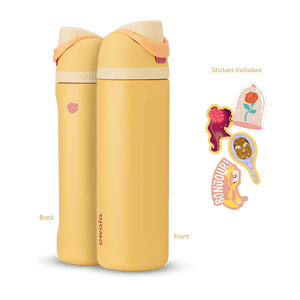 Front and back view of the Belle 24oz Owala FreeSip bottle with Belle-themed stickers, showcasing all included items.