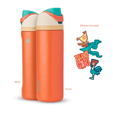 Front and back view of the Moana 24oz Owala FreeSip bottle with Moana-themed stickers, showcasing all included items.
