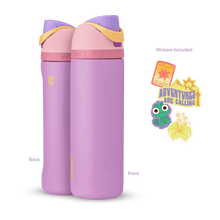 Front and back view of the Rapunzel 24oz Owala FreeSip bottle with Rapunzel-themed stickers, showcasing all included items.
