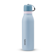 FreeSip Twist 18oz in Rainstorm, light powder blue insulated water bottle with darker slate blue twist cap, pale pink twist cap accent band, and dark navy carry string