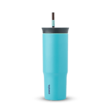 24oz Tumbler in Splash Zone; matte aqua-cyan insulated tumbler with dark slate-gray lid and dark brown straw with light mint grip, Owala wordmark on front
