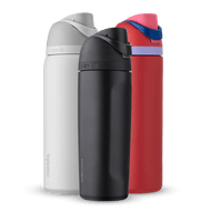 FreeSip Bundle; group of three FreeSip insulated water bottles in white, black, and red with lavender carry loop and navy accent band